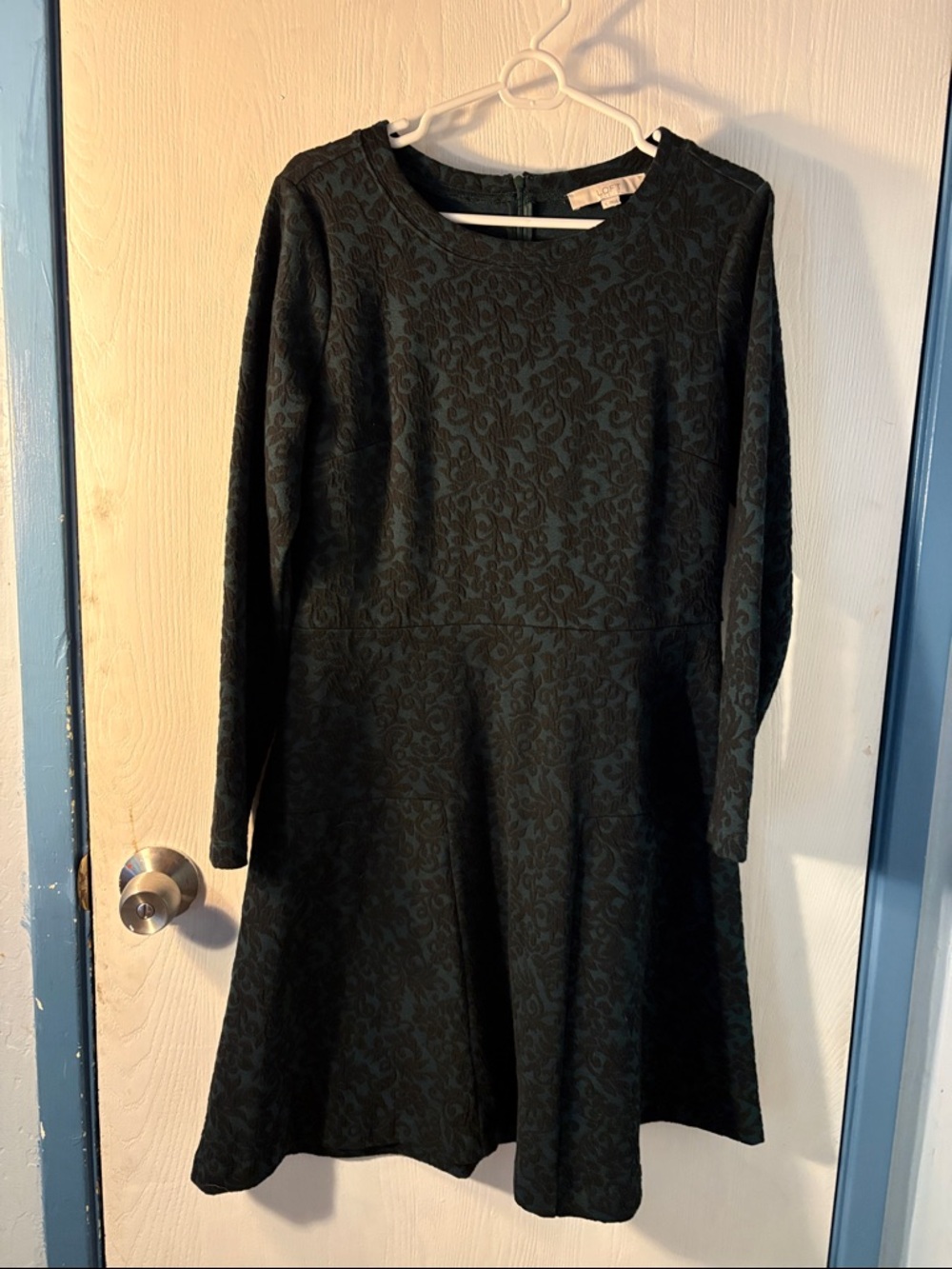 LOFT Dark Green Long-Sleeve Fit & Flare Jacquard Dress